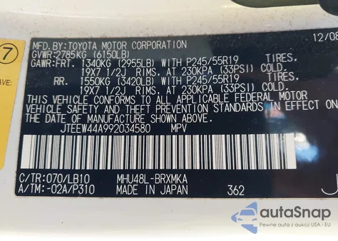 2009 Toyota Highlander Hybrid Limited z USA, uszkodzony, nr VIN JTEEW44A992034580